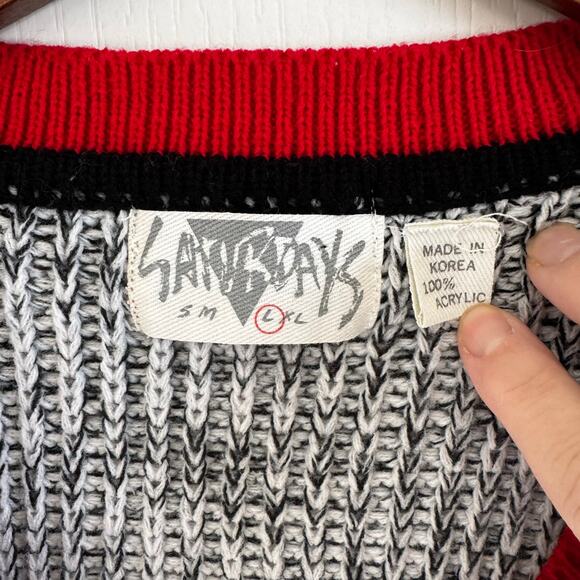 VTG Saturdays Retro 80’s 90’s V-Neck  Knit Sweater Red Black White Men’s Large - Picture 5 of 13